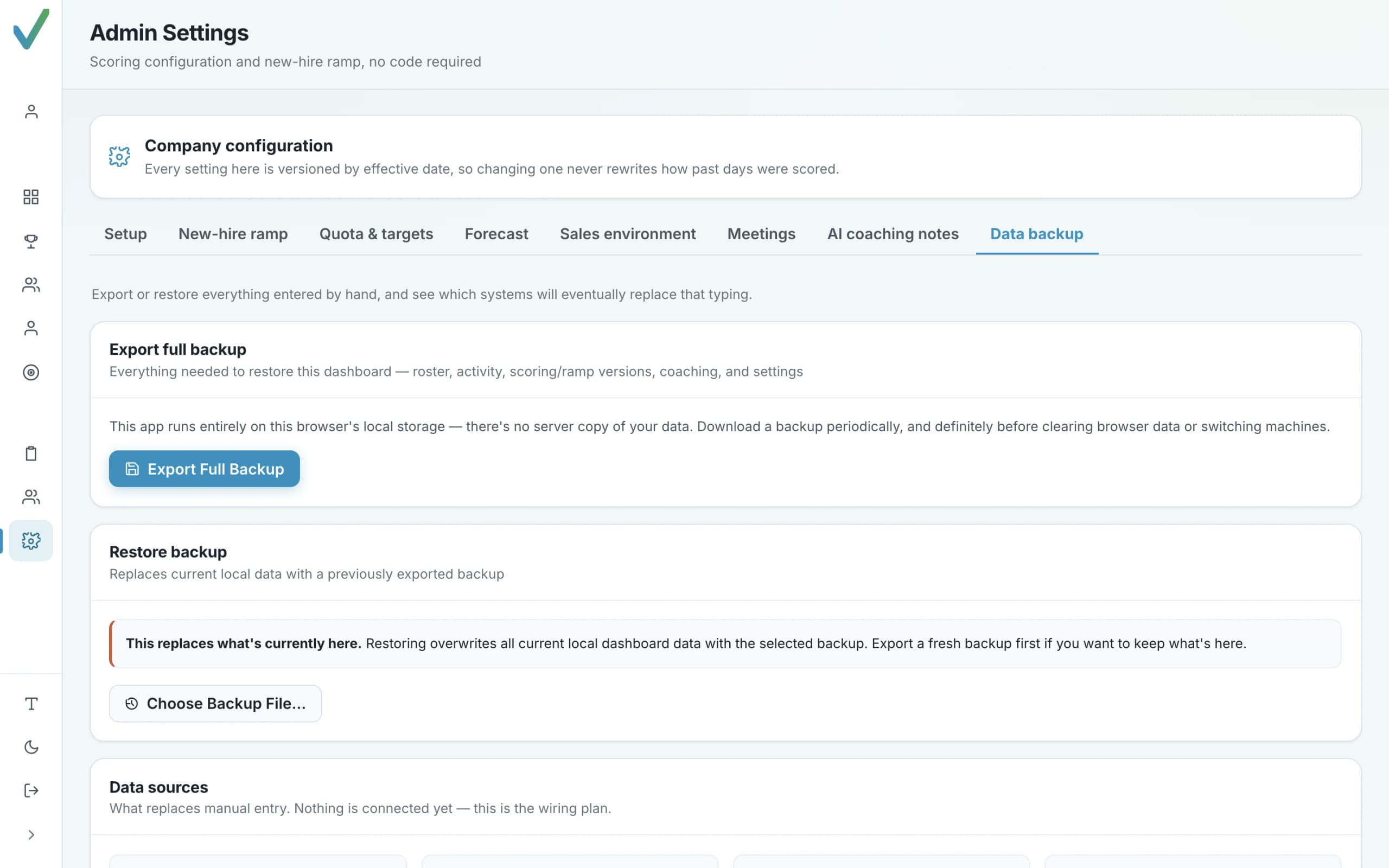 Data backup settings: export the full workspace as a JSON file and restore from a validated backup.