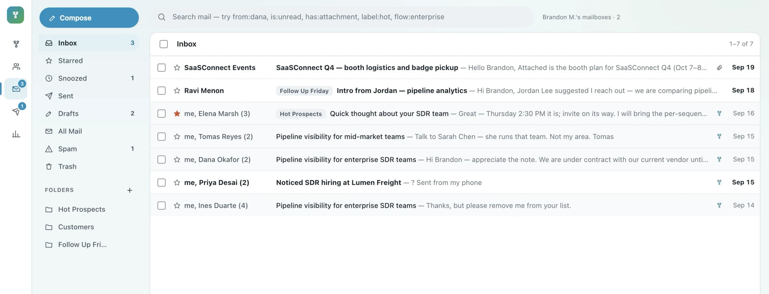 Orvik Flow Inbox: threads across the user's sending mailboxes with flow context alongside each conversation.